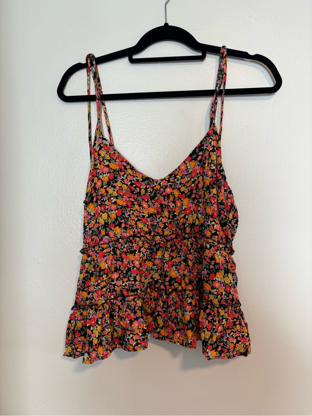 SO Floral Ruffle Cami - Black with Pink, Orange & Yellow Flowers